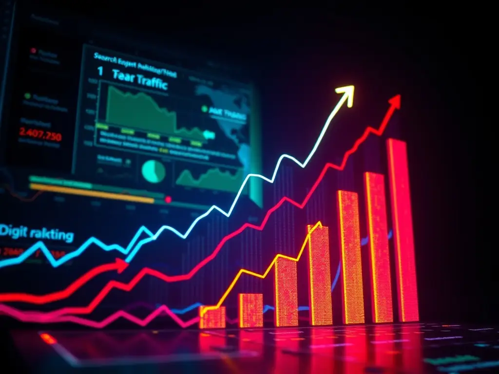 A graph showing rising website traffic and search rankings.