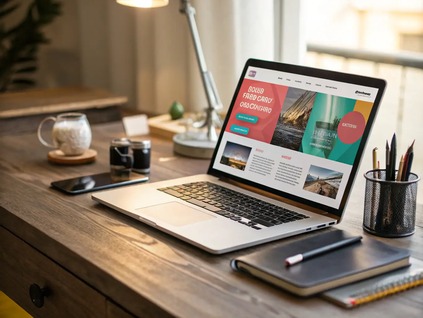 A sleek laptop displaying a custom WordPress website with vibrant visuals and intuitive navigation.